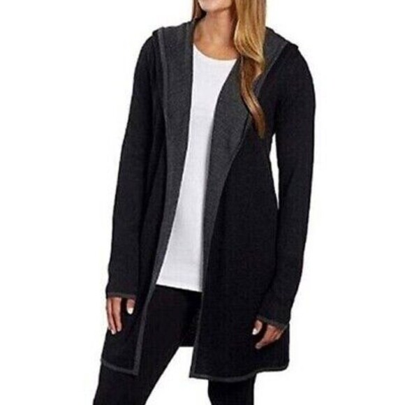 Blanc Noir BNCI Wool Blend Hooded Cardigan Duster Sweater Black Gray Sz L - Picture 6 of 8